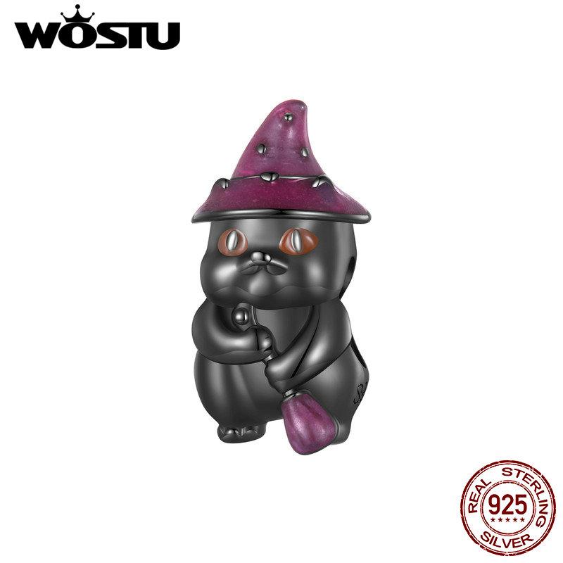 

WOSTU Стерлингового Серебра 925 пробы Хэллоуин Ведьма Кошка Шарм Светящийся Животный Шарм Черное Позолоченное Для Женщин Браслет и Ожерелье DIY 925 silver