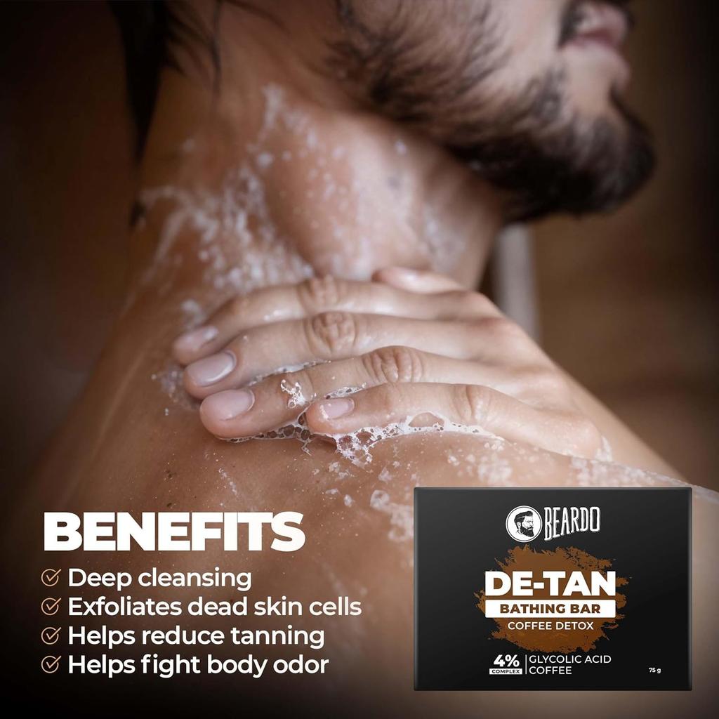 De-Tan Soap for Men, 75g X 3 | Tan Removal and Caffeine Face & Body Soap | Detan With Coffee & 4% Glycolic Acid | For Body & Face |