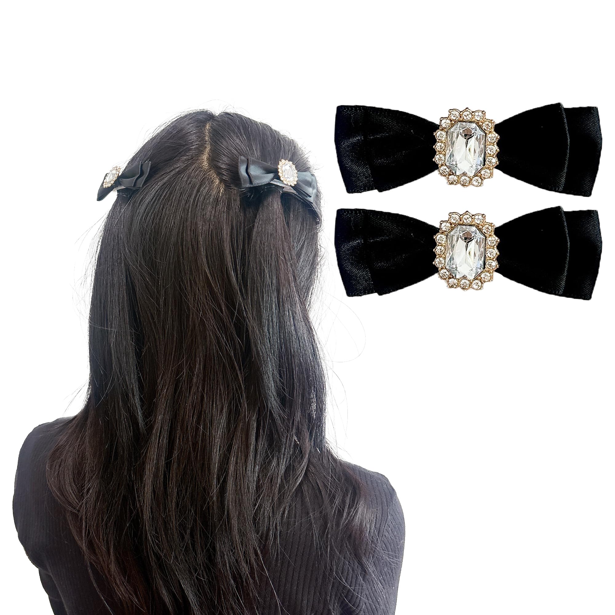 Set of 2 Black Bejeweled Ribbon Clips, Lolita, Gothic Lolita, Hair Clips, Hairpins, Hair Accessories [Used]