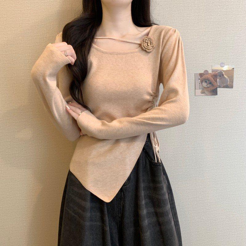 

3D Floral Knitted Long-Sleeve Sweater with Drawstring Waist for Women - Spring & Autumn Slim Fit Irregular Short Top One Size хаки