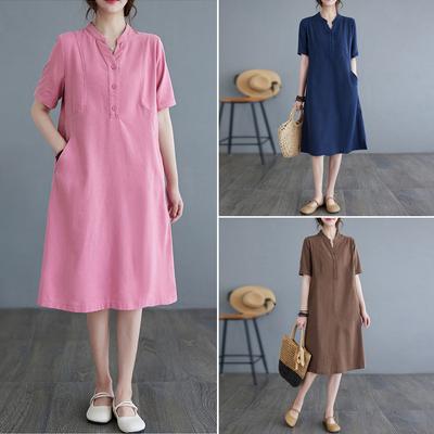 Summer Literature Loose Solid Color Cotton Linen V-neck Short Sleeved Dress for Women Medium To Long Length Casual Dresses