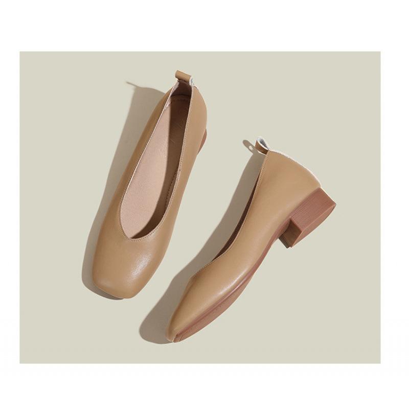 Super soft lambskin~ Small inner height increase of 6cm single shoes women's shallow mouth thick heel square head grandma shoes soft sole Doudou shoes