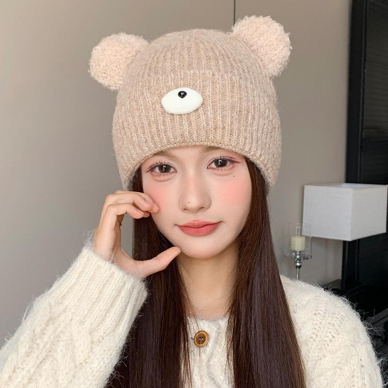 Japanese Cute Bear Hat Women's Autumn and Winter Knitted Hat Large Head Circumference Plus Velvet Cold Proof Woolen Hat Warm Ear Protection Hat