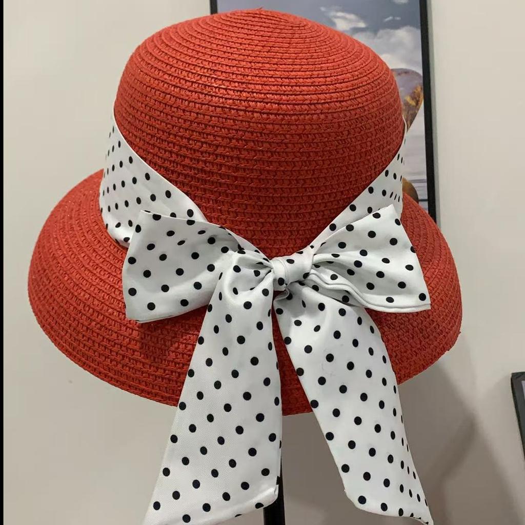French Polka Dot Face Small Sunshade Straw Hat Women's Spring and Summer Fashion Versatile Sunscreen Bucket Hat Seaside Vacation Self-operated
