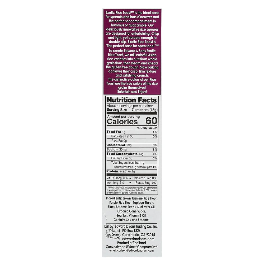 Edward & Sons Exotic Rice Toast Whole Grain Crackers, Purple Rice & Black Sesame, 2.25 oz (65 g)