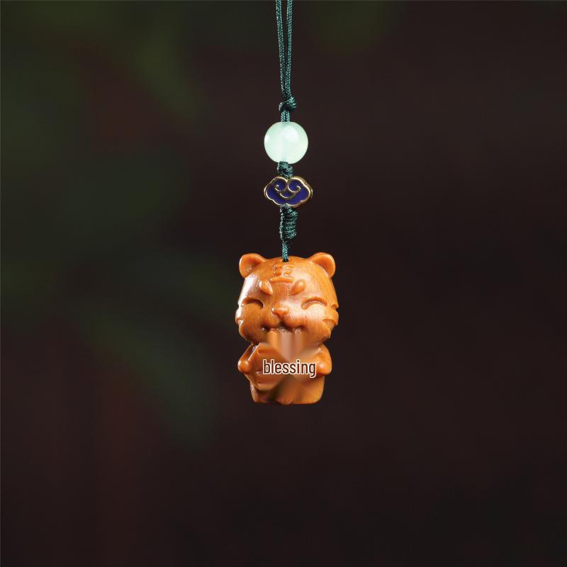 Tiger Blessings Zodiac Phone Charm: Creative Wood Carved Pendant & Keychain Gift