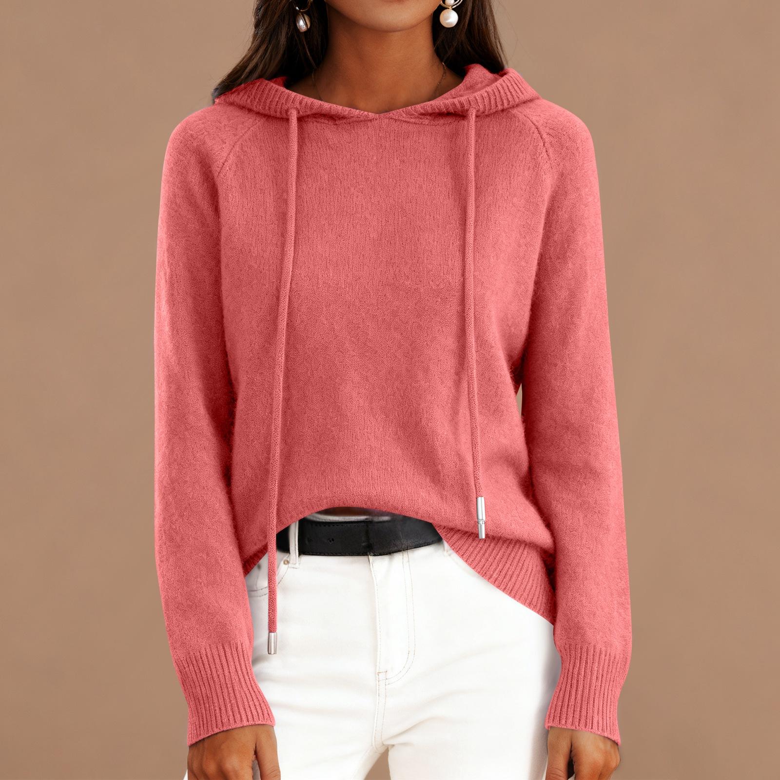 

Women s Fashionable Long-sleeved Solid-color Pullover Hooded Knitted Sweater Top L киноварь