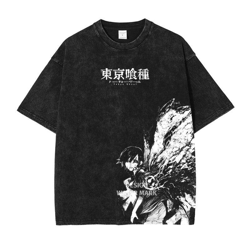 Anime Tokyo Ghoul Kirishima Touka Graphic T-shirt Men Vintage Washed Tshirts Manga Cotton T Shirt Harajuku Male Casual Tops