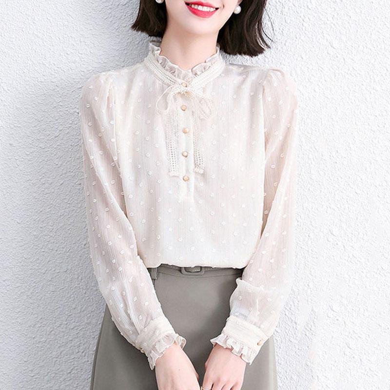 Spring Autumn Elegant Stand Collar Shirt Stylish Drawstring Bow Female Clothing Korean Solid Color Chic Pearl Button Blouse