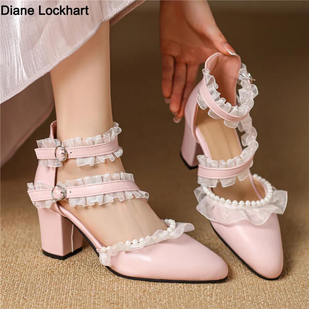 Fashion 2025Spring Summer New Ladies Heels Lace Princess Mary Jane Cute Lolita Shoes Party High Heel Buckle Women Pumps Pink Black White