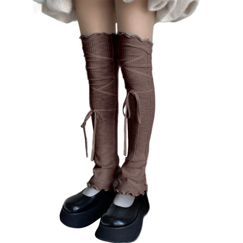 Japanese Ribbed Thigh High Leg Warmers Lace Up Bandages Over Knee Flared Leg Covers Ruffle Trim Footless Socks for Women