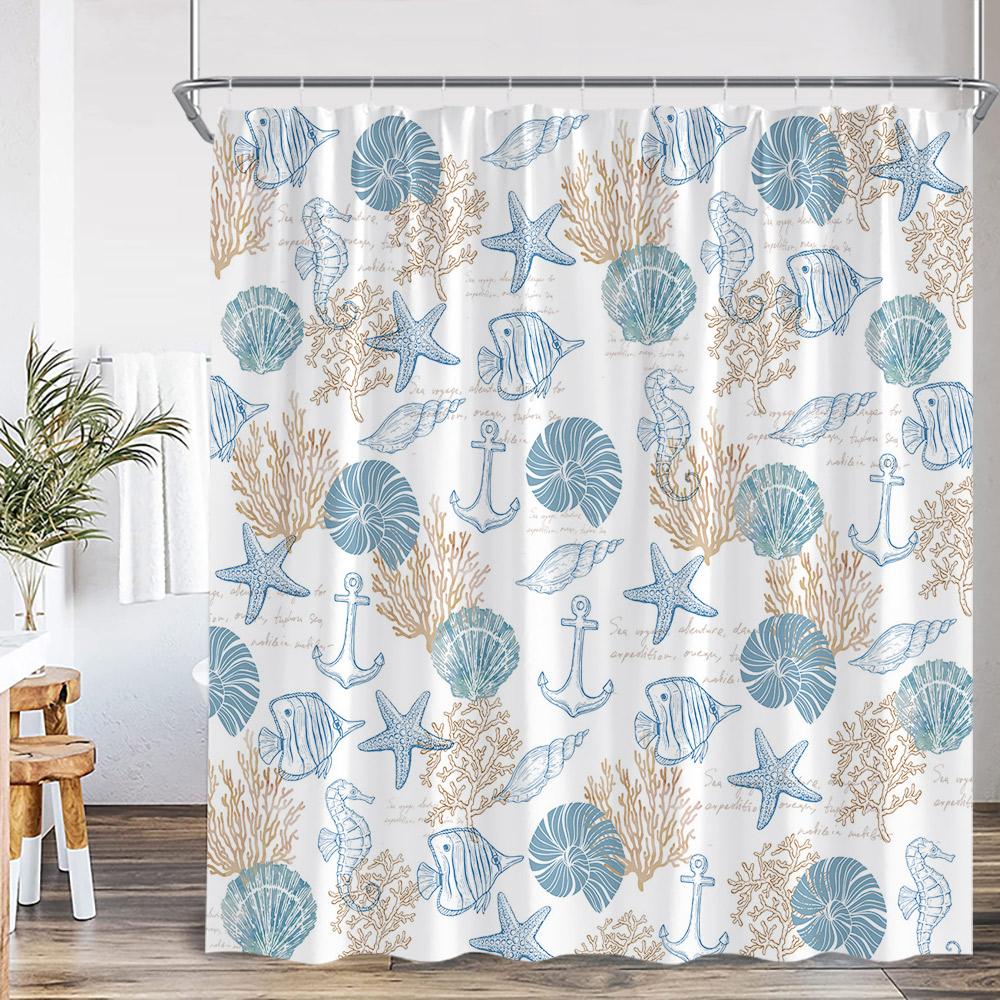 Nautical Cartoon Shower Curtain Tropical Fish Starfish Shell Seaweed Coral Underwater Bathroom Decoration Polyester Bath Curtain