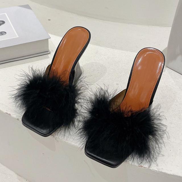 Size 35 -41 Sexy Strange Transparent Heels Slippers Fashion Fur Feather Summer Sandals Peep Toe Slip -On Clear Shoes Women Slides
