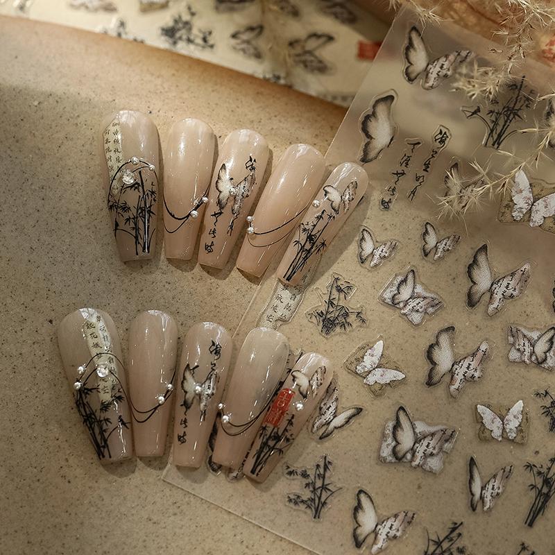 Chinese Style Butterfly Nail Art Sticker Embossed Poetry Ink Bamboo Decals For Nail Art Design Nail Transfer Sliders Diy Decor