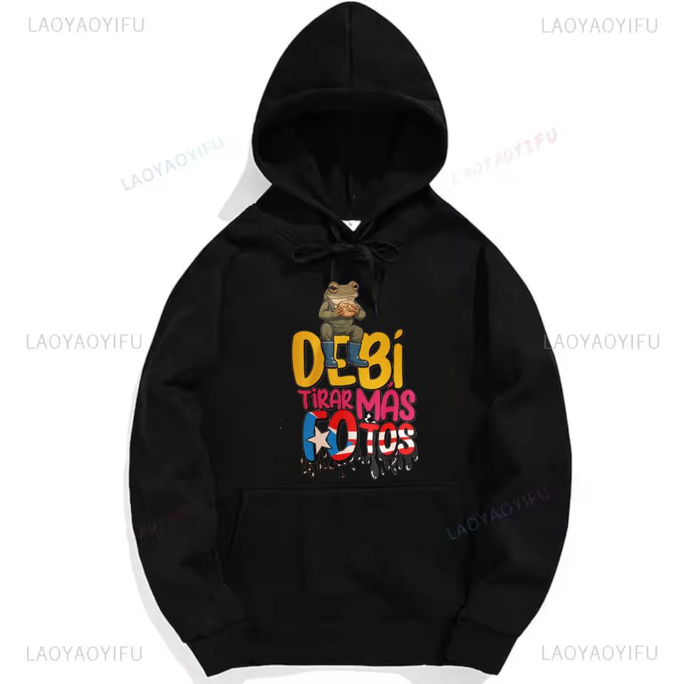 Bad Bunny Debi Tirar Mas Fotos Frog Graphic Sweatshirt Fashion Hip-hop Hoodie Woman Man Black Puerto Rico Drop Shoulder Pullover