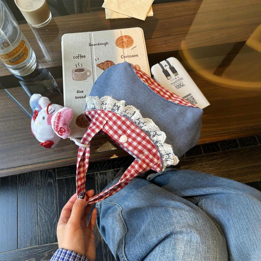 Korean Artistic Retro Plaid Handbag with Lace Trim In Red & Blue