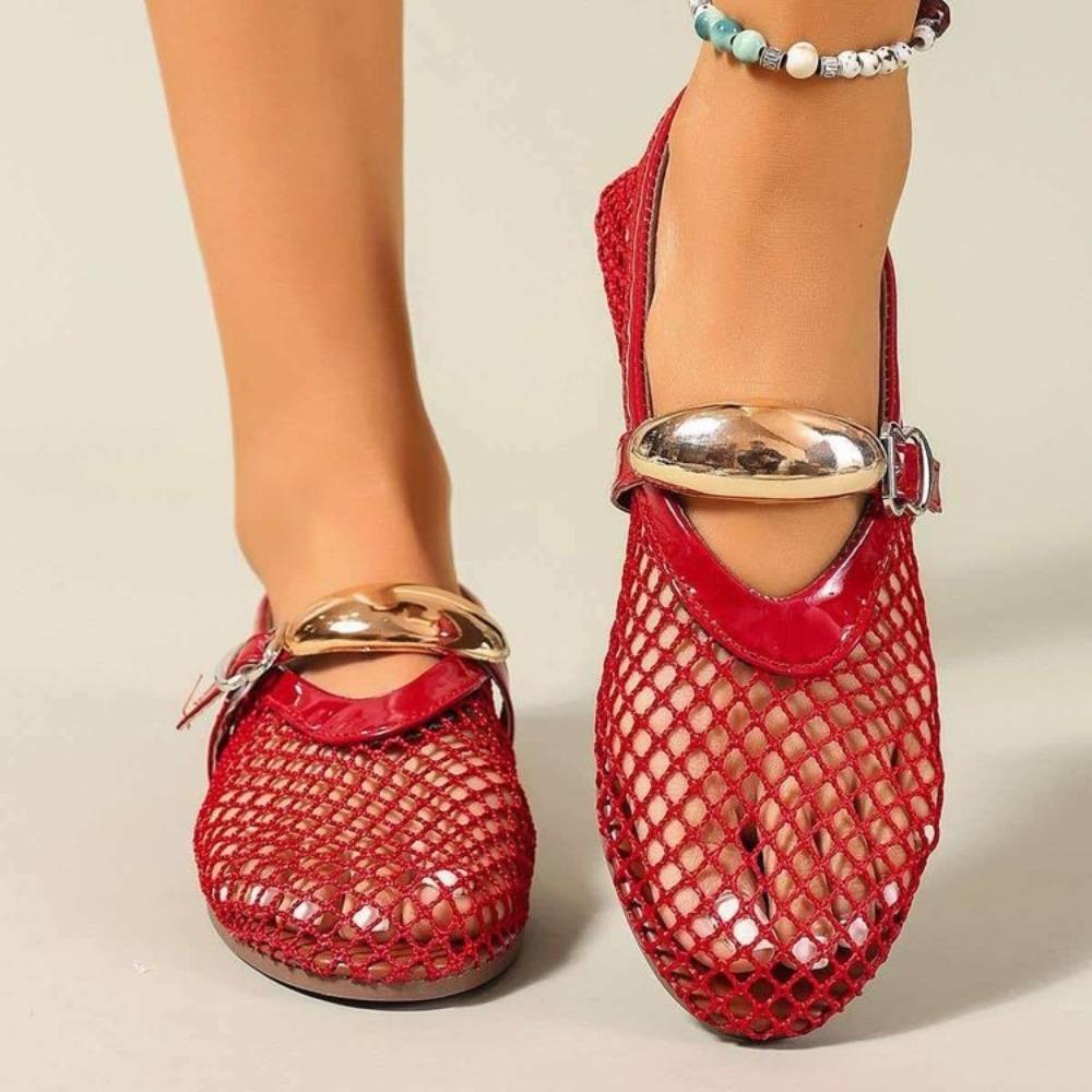 Plus Size Women Round Toe Fishnet Hollow Out Flat Sandals, New Spring Summer European Style Breathable Casual Sandals