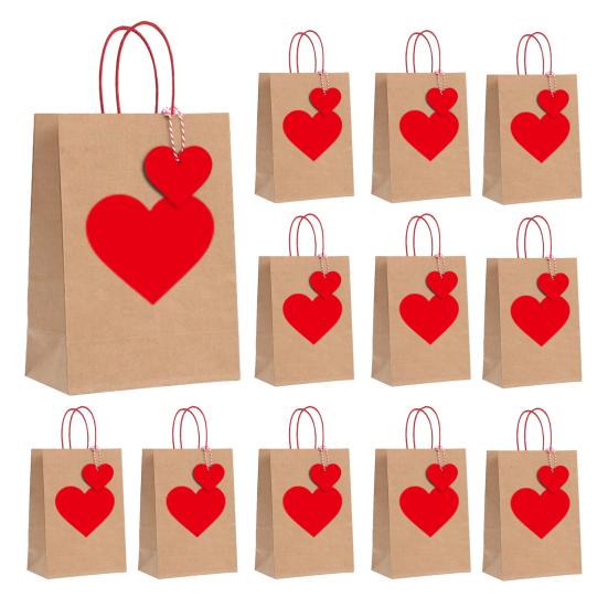 Krafts Paper Bags Red Heart Design Eco-Friendly Gift Bags with Heart Tags And Hemp Rope Gift Packaging for Weddings Birthdays Mother's Day Party