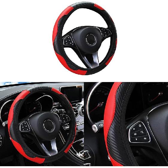 Car Steering Wheel Cover, 15 Inch Carbon Fiber Microfiber PU Leather Elastic Steering Wheel Protector For Men Women, Anti-Slip Breathable Car