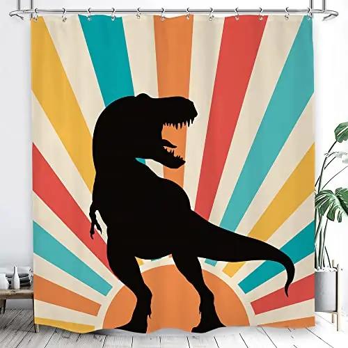 Dinosaur Funny Dino Kids Shower Curtains Bathroom Set Boys Animal Shadow Girls Cartoon Silhouette Black White Art Bathroom Decor