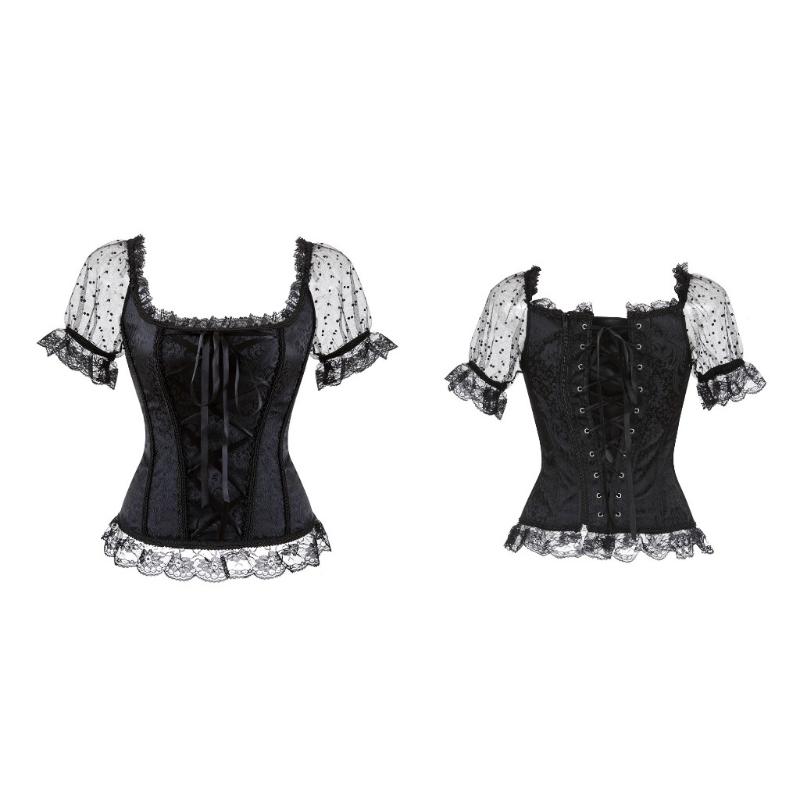 Overbust Corset Bustier Top Women With off Shoulder Sleeves Plus Size Burlesque Costume Hollow Mesh Floral Sexy Corselet
