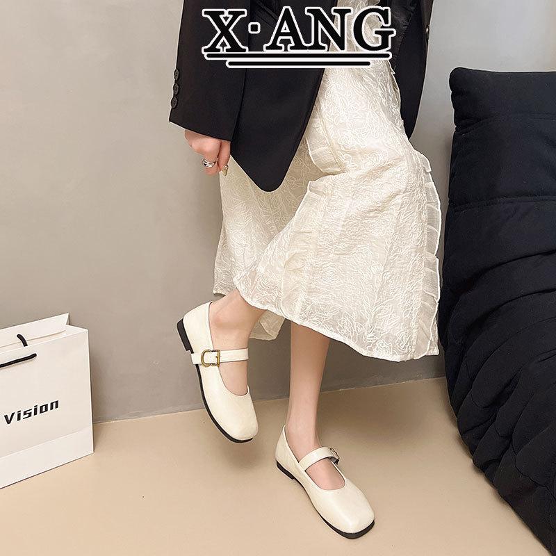 

Shallow mouth one-word buckle with Mary Jane shoes square head small leather shoes 2025 spring and summer new models with skirts flat-soled single sho 35