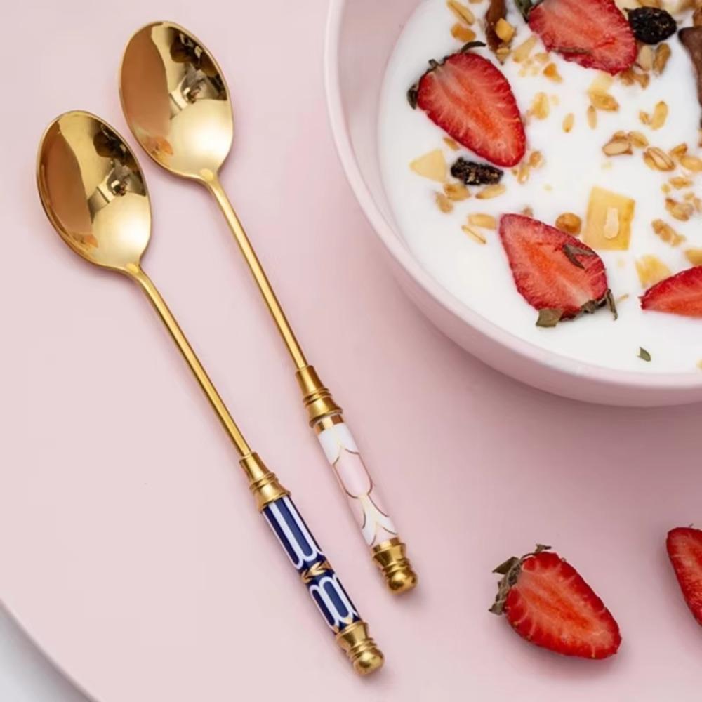 Ceramic Handle English Afternoon Tea Spoon Fork Stainless Steel Fruit Forks Cake Spoon Fork  Cafe