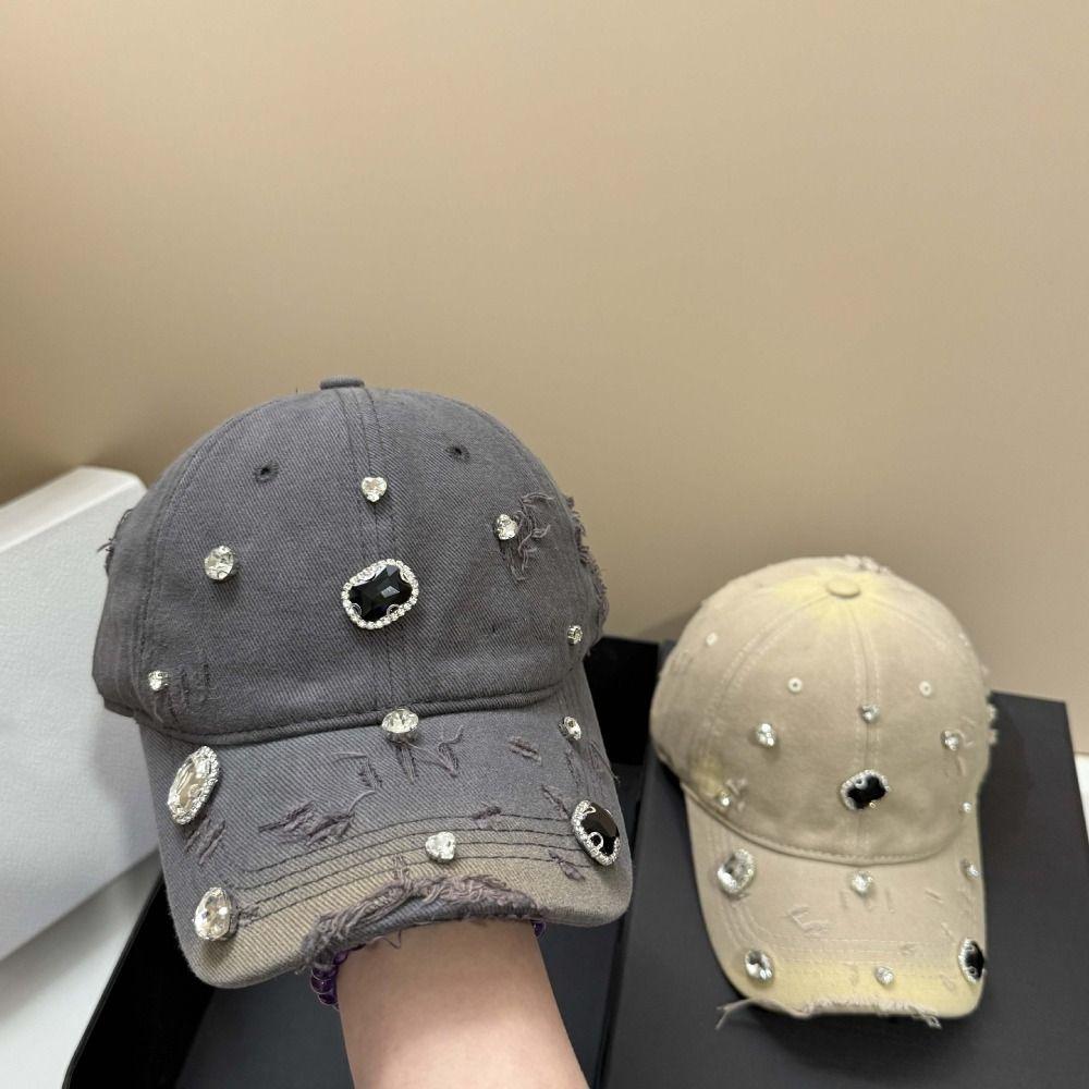 Torn Effect Rhinestone Baseball Cap Cotton Hip Hop Cap Luxury Hole Washed Hat Outdoor Sports