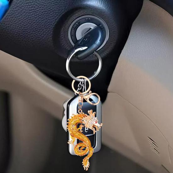 Keychain Sparkling Rhinestones Inlaid Dragon Design Keychain Pendant Enamel Oil Drip Process Polished Edges Spring Buckle Key Holder Backpacks