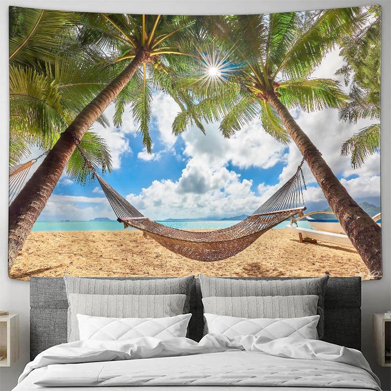 Beach Hammock with Palm Tree Shade Beach Scene Wall Hanging Tapestry