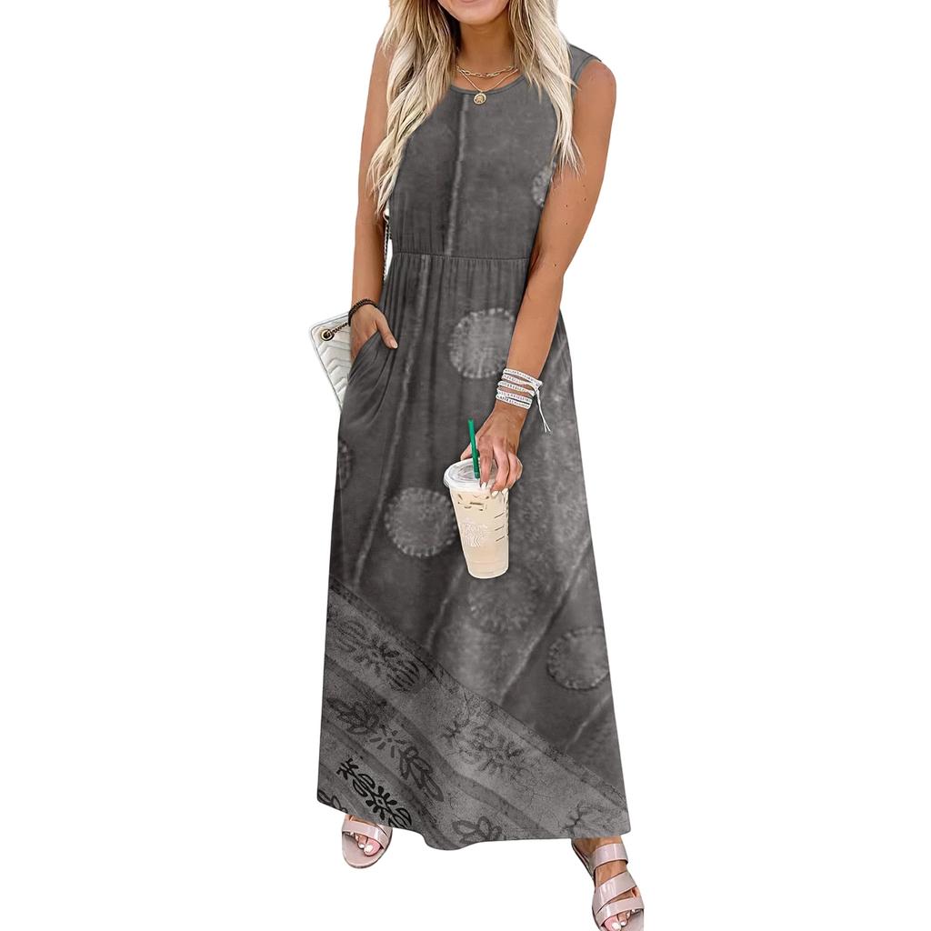 Ladies' Floral Print Casual And Fashionable Waist Cinched Sleeveless Dress