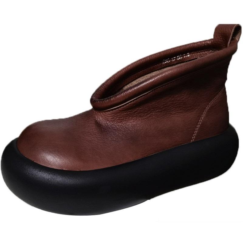 Fashion Round Toe Thick Sole Leather Casual Platform Women's Shoes Retro Top Cowhide Ankle Boots Pure Handmade Single Cool Boots