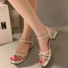 2025 New French Rhinestone Fashion Sandals Women's Summer Wear Thick Heel with Skirt Beautiful Word with Roman Shoes