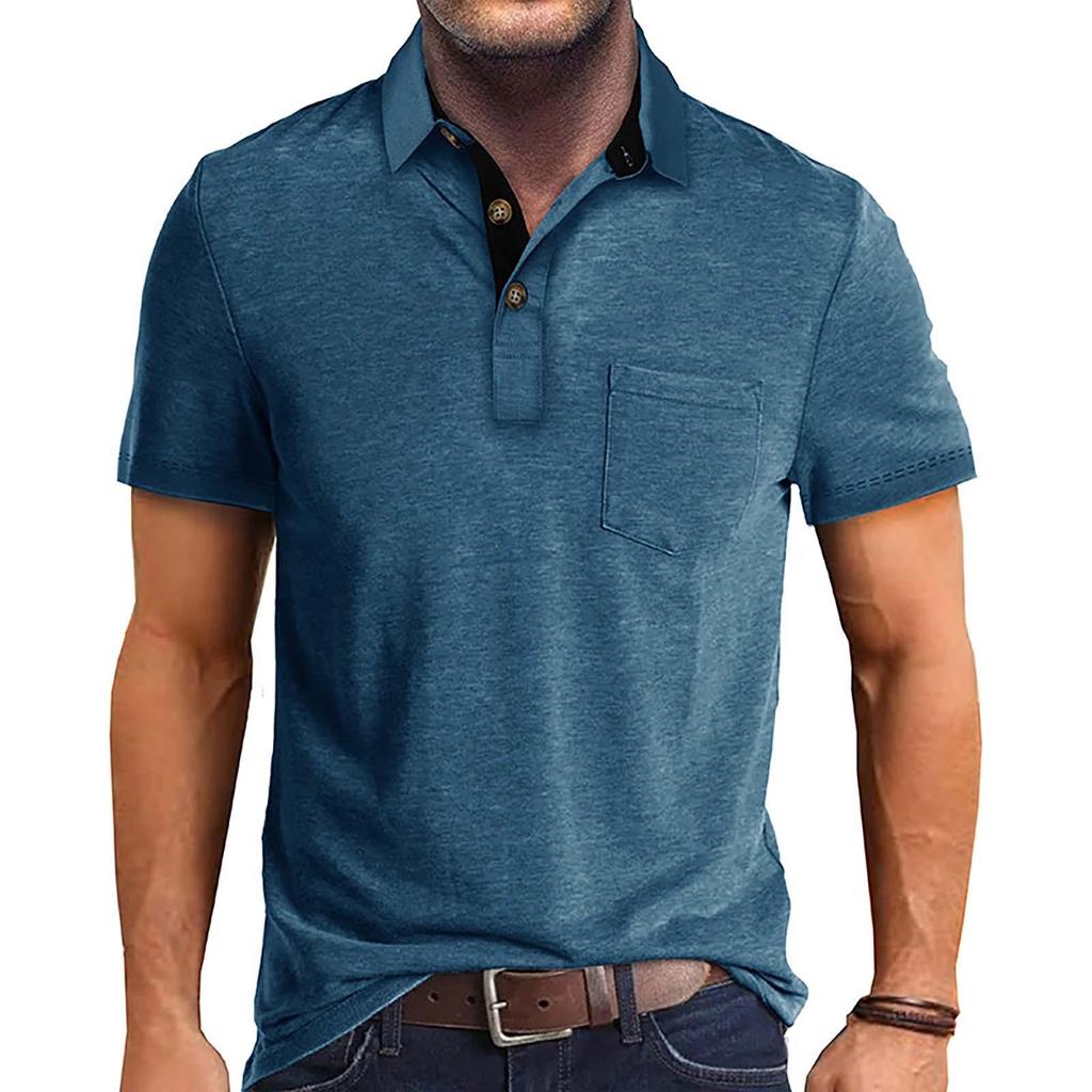 T-shirt estiva da uomo tinta unita con colletto aperto a 3 bottoni e top a maniche corte con bottoni