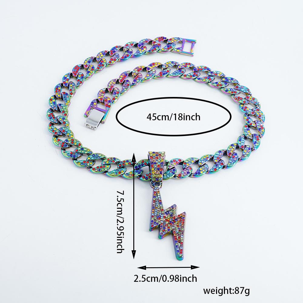 Light Luxury, Cool, Fully Diamond-encrusted, Colorful Lightning Pendant Necklace, Hip-hop Style, Street Dance, Rap, Clothing, Men's Accessories