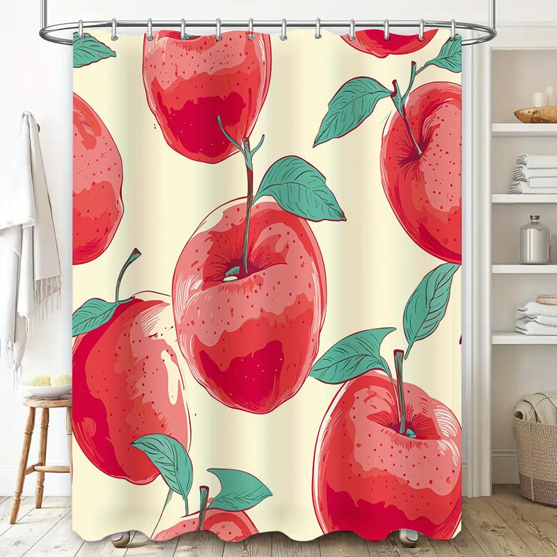 Handmade Printed Shower Curtain with Apple Design Perfect for Kitchen or Bathroom Decorations Red Apples Pattern on White Fabric