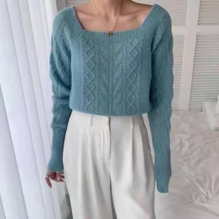 Korean Style Loose Square Neck Sweater - Women's Thick Cable Knit Waist-Slimming Top for Autumn/Winter