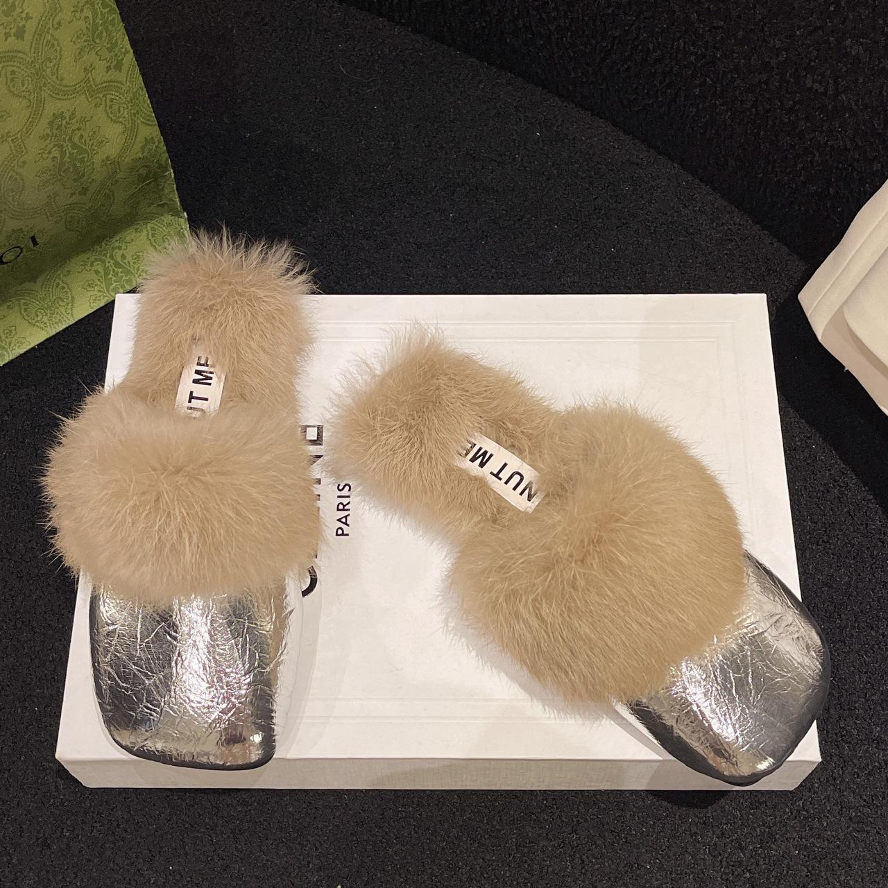 

Belt buckle bag head Mao Mao slippers women s 2024 autumn new outer wear casual flat thick heel foot cover warm women s shoes 40 срібний