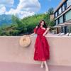 Blovelan Rose Cloud Mist Vintage Bright Off-shoulder Off-shoulder Chiffon Off-shoulder Ruffled Large Hem Dress for Summer