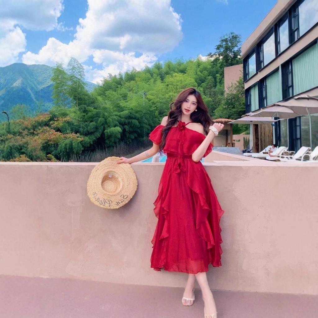 Blovelan Rose Cloud Mist Vintage Bright Off-shoulder Off-shoulder Chiffon Off-shoulder Ruffled Large Hem Dress for Summer