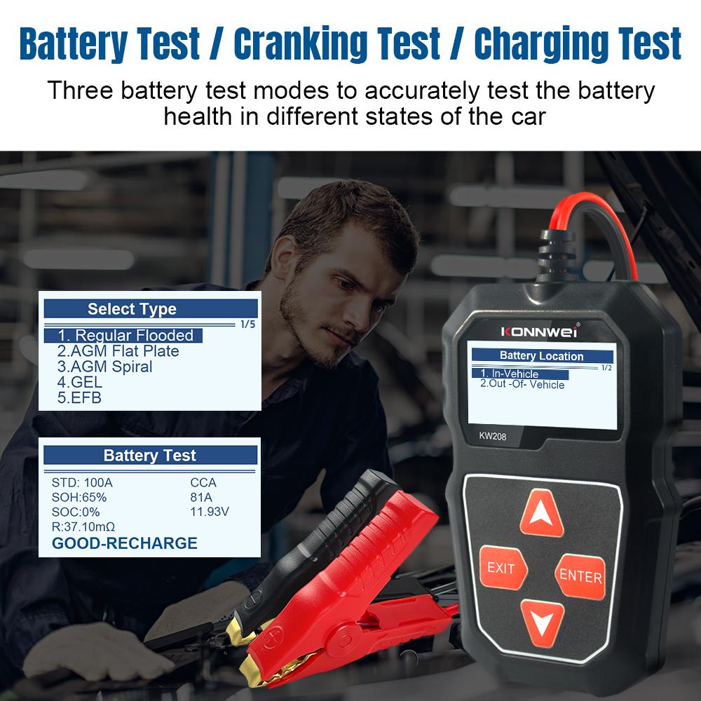 KONNWEI KW208 Battery Tester 12V Automotive Battery Charger Inspection Tools 100 to 2000CCA Cranking Charging Circut Analyzer