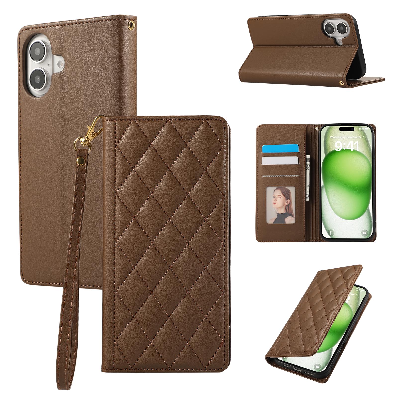 

For iPhone 16 Case RFID Blocking Wallet Stand Rhombus Leather Phone Cover with Wrist Strap Brown