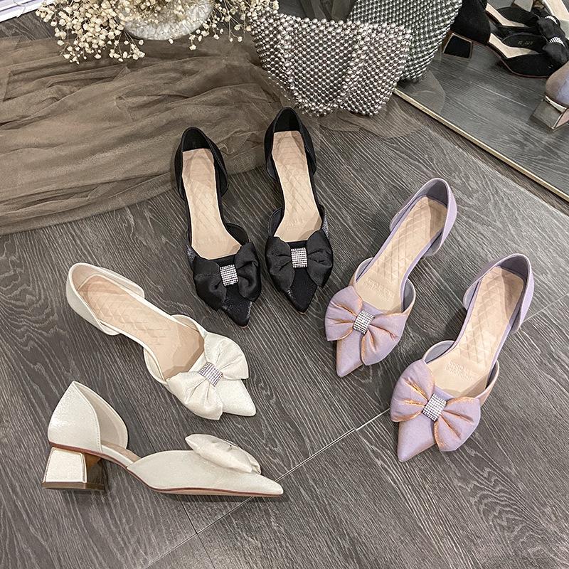 2123-18 high-heeled sandals women's 2025 summer Korean version bow hollow sandals pointed thick heel single shoes women
