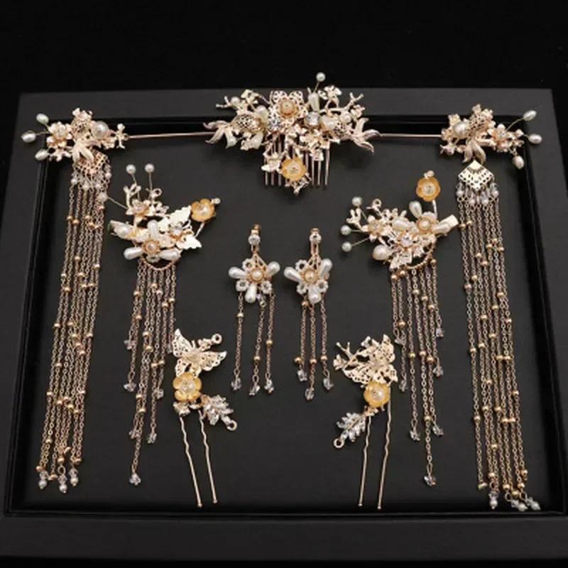 Chinese Wedding Xiu He Headdress Ancient Hanfu Golden Tassel Hair Ornaments Traditional Ethnic Bridal Hair Accessories