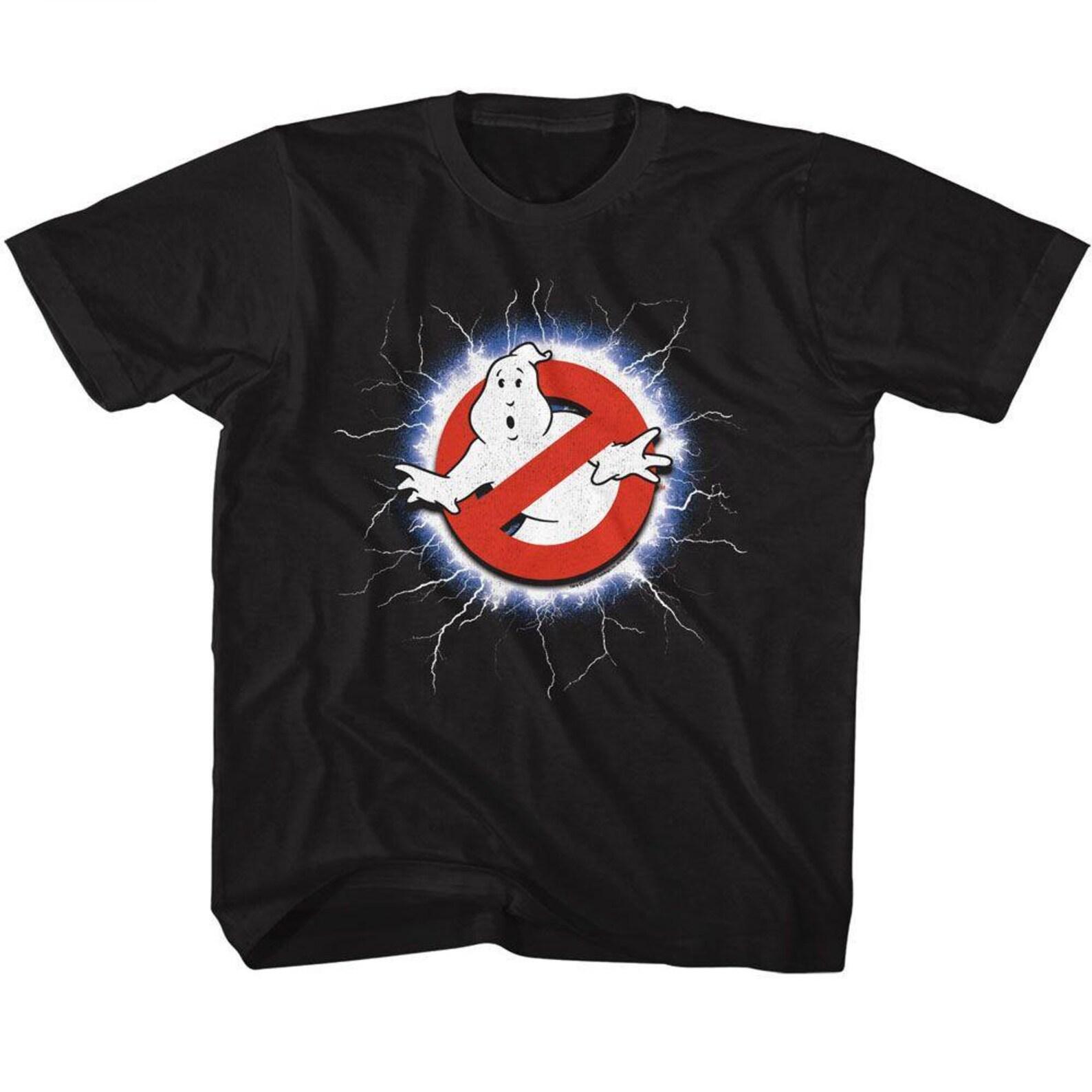 The Real Ghostbusters Lightning And Logo Black Youth T-Shirt 110