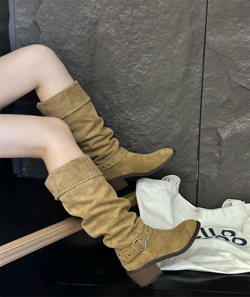 

Western cowboy long knight boots women s 2025 autumn new thick heel European and American pointed Maillard high boots 39 песочный