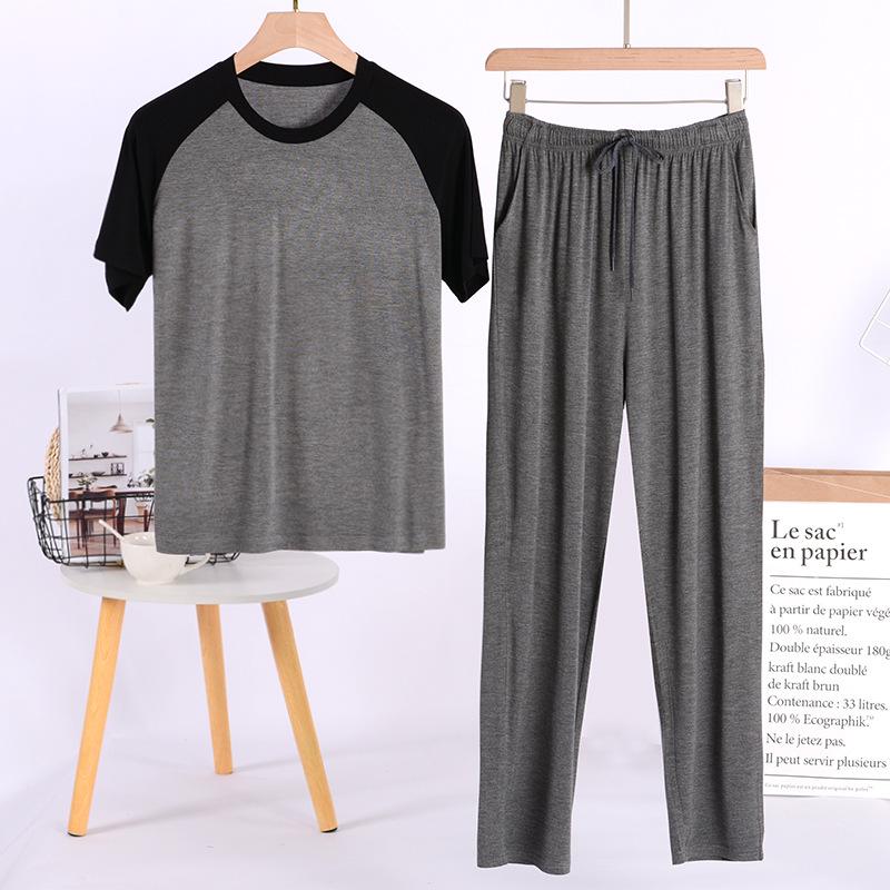 Men's Ice Silk Modal Pajama Set, Short Sleeve & Long Pants, Plus Size, Spring/Summer Casual Home Wear