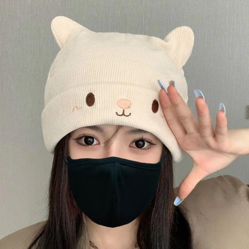 Solid Color Knitted Hats Cat Ear Pullover Beanie Caps Cute Skull Cap