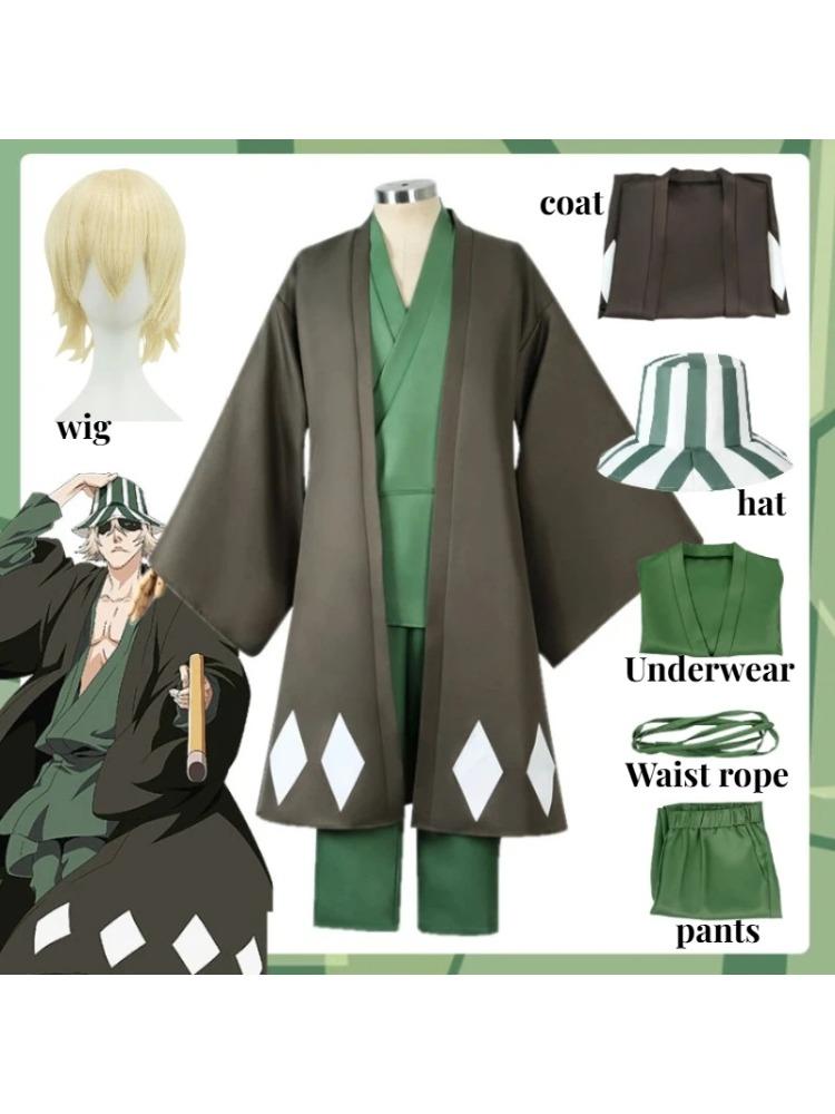 Anime Bleach Cosplay Urahara Kisuke Gotei 13 Kostuum Kimono Uniform Cape Top Broek Hoed Pak voor Halloween Carnaval Feest S gray