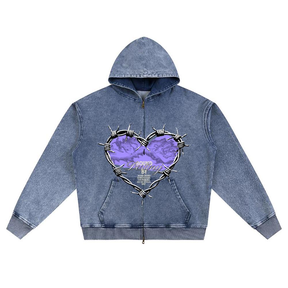 DTG-Druck Gestrickter Denim Reißverschluss Hoodie Love Grafik Bruder Druck Reißverschluss Hoodies